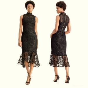 NWT Calvin Klein Black Sleeveless Mock Neck Lace Sequins midi Illusion dress.